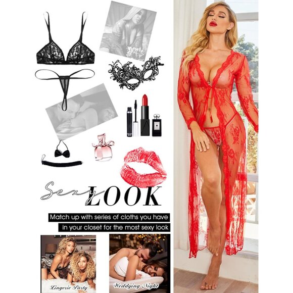 Lace Robe Women Sheer Long Sleeve Nightgown Bridal Babydoll Lingerie - Picture 4 of 6